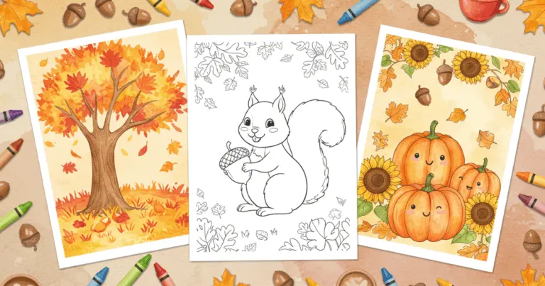 Three fall coloring sheets: squirrel outline, colorful autumn tree, and cheerful pumpkins with sunflowers.