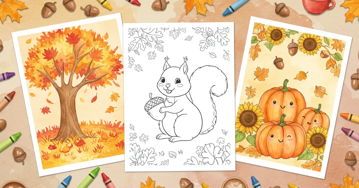 Three fall coloring sheets: squirrel outline, colorful autumn tree, and cheerful pumpkins with sunflowers.