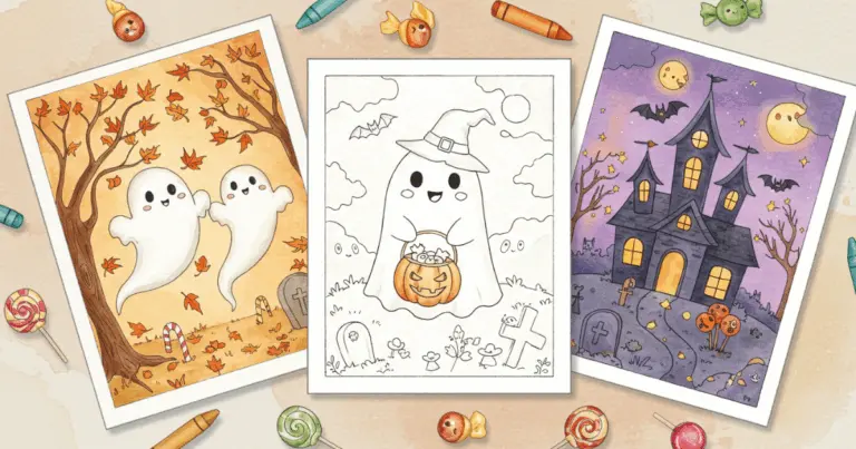 Three ghost Halloween sheets: ghost outline center, playful ghosts left, haunted house right in watercolor.