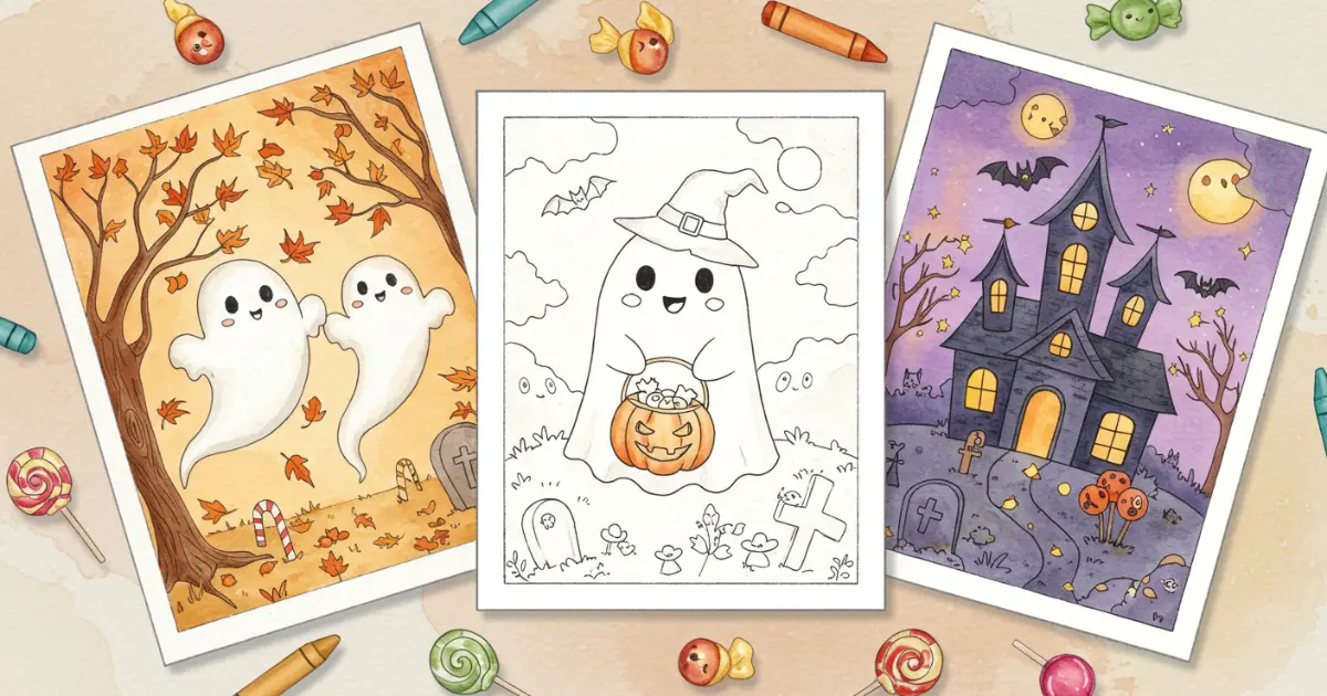 Three ghost Halloween sheets: ghost outline center, playful ghosts left, haunted house right in watercolor.