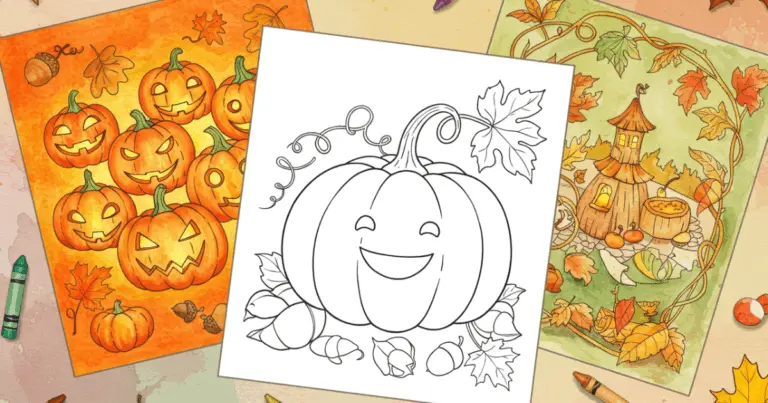 Three pumpkin coloring sheets: jack-o'-lanterns, a smiling pumpkin outline, and a cozy pumpkin patch in watercolor