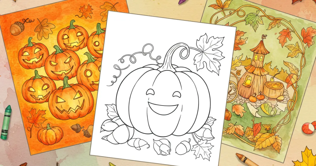 Three pumpkin coloring sheets: jack-o'-lanterns, a smiling pumpkin outline, and a cozy pumpkin patch in watercolor