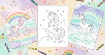 Three unicorn sheets: graceful unicorn outline, rainbow unicorn, and aurora sky unicorn in watercolor.
