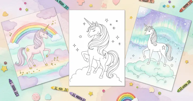 Three unicorn sheets: graceful unicorn outline, rainbow unicorn, and aurora sky unicorn in watercolor.