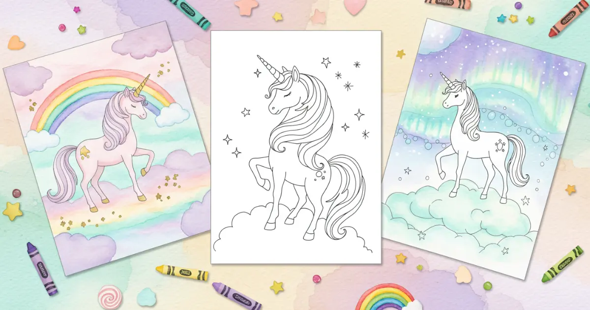 Three unicorn sheets: graceful unicorn outline, rainbow unicorn, and aurora sky unicorn in watercolor.