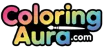ColoringAura.com logo with a gradient rainbow text design and paintbrush element.