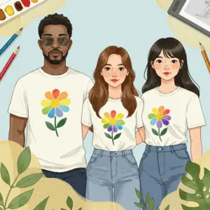 Illustration of three diverse friends wearing matching white t-shirts with colorful flower designs, standing together in a creative art setting with pencils, paints, and plants.