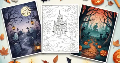 Watercolor illustration showing three Halloween horror-themed coloring pages on a textured background; one black-and-white haunted house on a hill, one colored graveyard with ghosts, and one colored jack-o'-lantern forest path