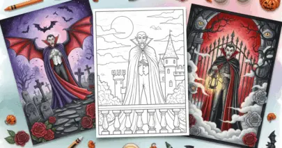 Watercolor illustration showing three vampire-themed coloring pages on a textured background; one black-and-white vampire on a castle balcony, one colored vampire flying over a foggy graveyard, and one colored vampire with a lantern before an iron gate.