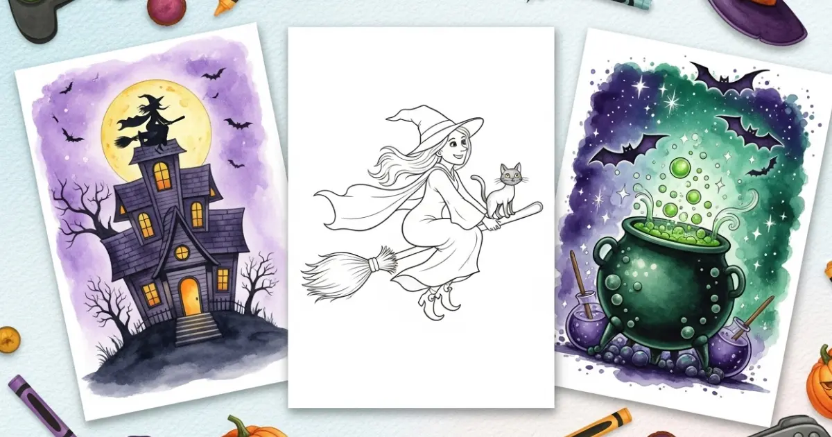 A flat lay photo showing three Halloween coloring pages scattered on a textured watercolor background. The pages depict a flying witch with a cat (center, outline art), a haunted house under a full moon (left, colored watercolor), and a bubbling cauldron with potions (right, colored watercolor)