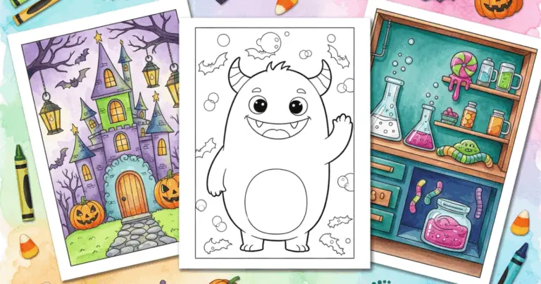 A featured image showing three cartoon monster coloring pages: a haunted castle scene, a simple waving monster with horns, and a mad scientist's lab with bubbling potions and test tubes